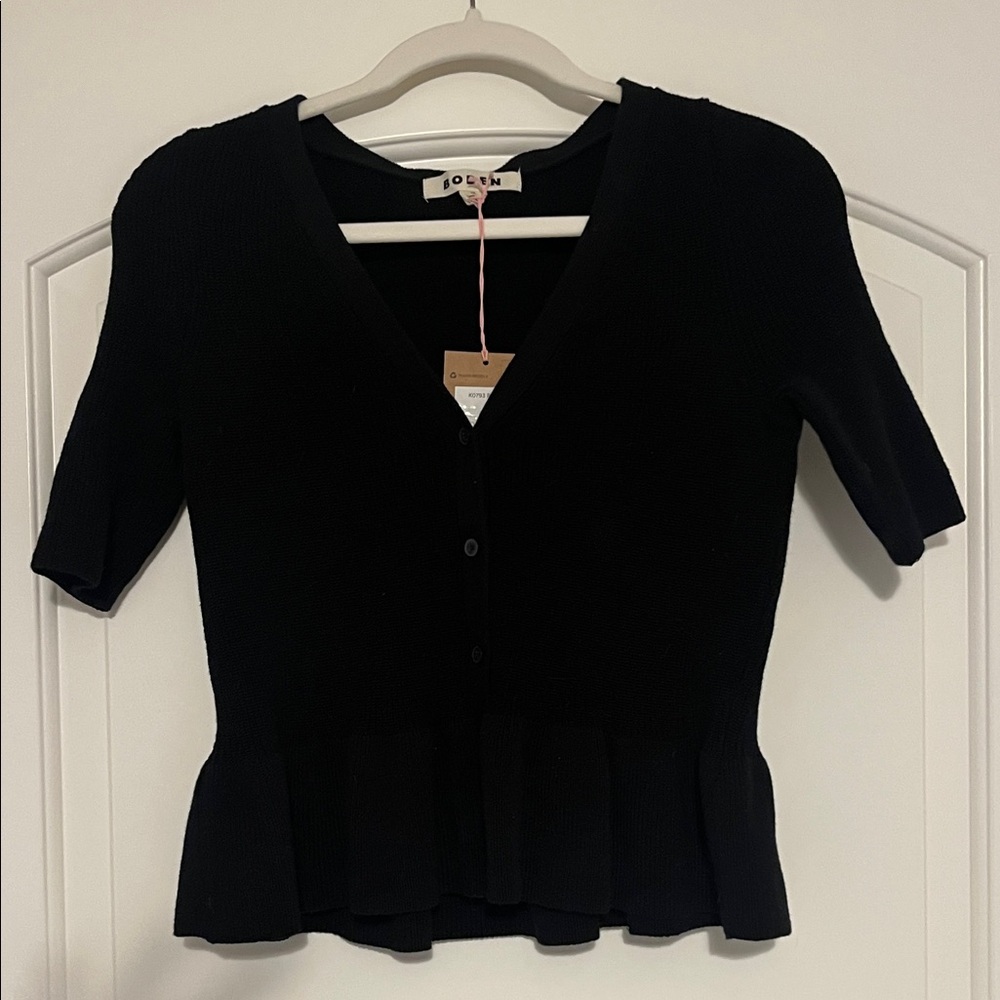 Boden Blue Classic Crew Neck Short Sleeved Cardigan with Peplum
